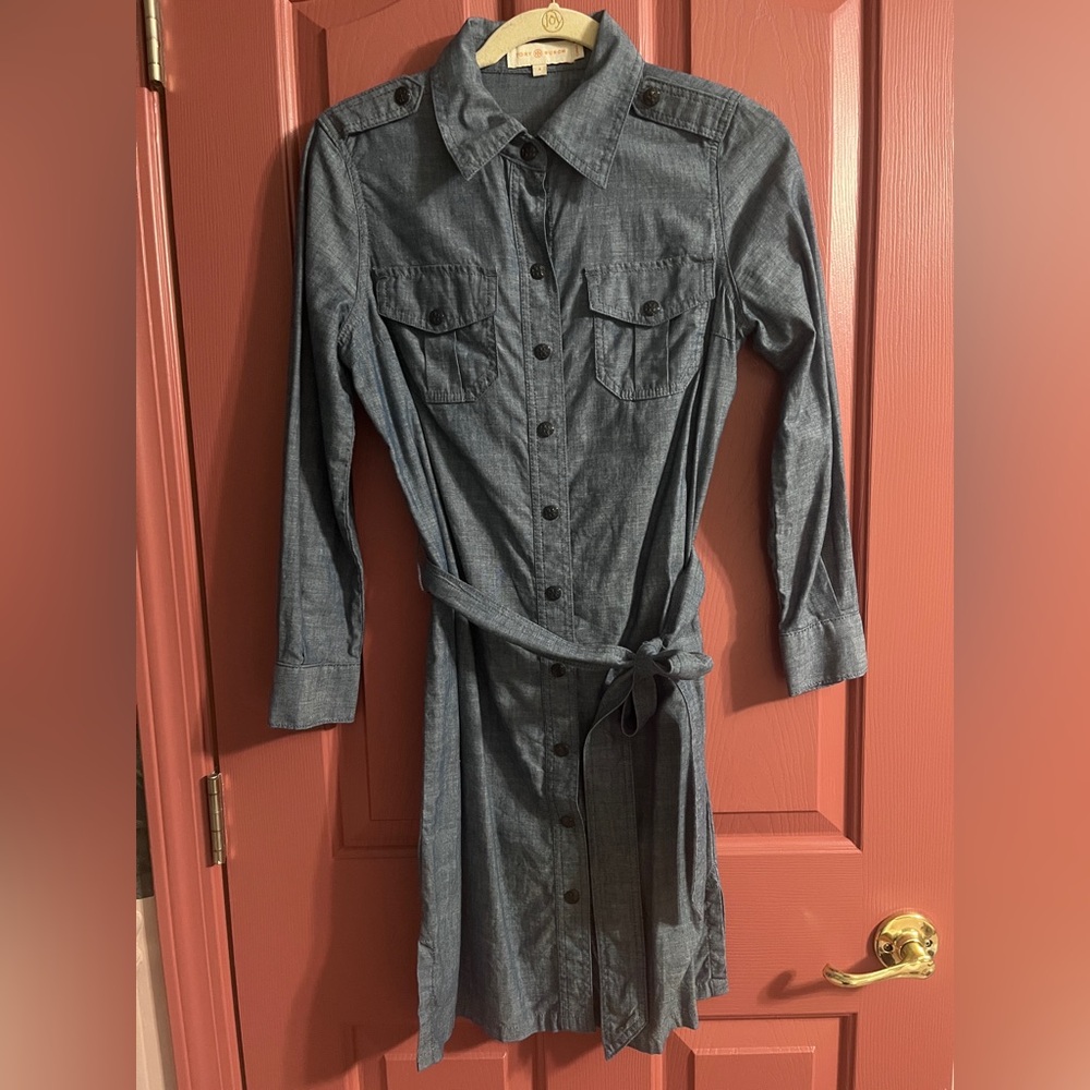 Tory Burch Brigitte Chambray belted mini shirt dress Sz 4 - Picture 3 of 6